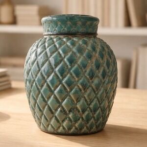 Vintage Teal Ceramic Ginger Jar Pineapple Diamond Texture Lidded Vase Handcrfted